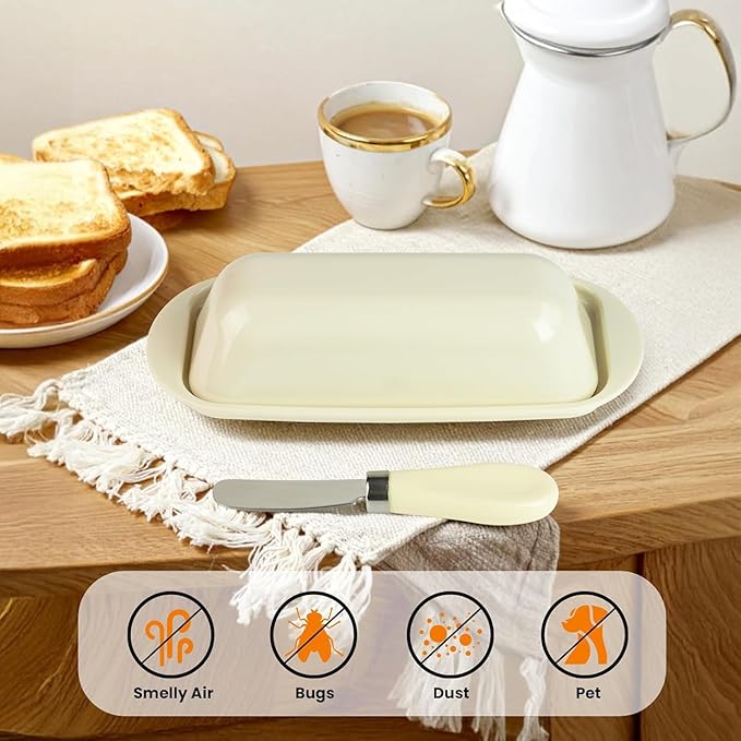 Butter Dish with Lid and Knife, Durable Countertop & Fridge Butter Keeper, BPA-Free Melamine Butter Container, Dishwasher Safe, Fits East/West Coast Butter Sticks (Cream)