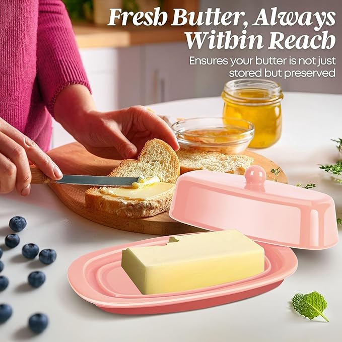 Flexzion Ceramic Pink European Butter Dish with Lid for Countertop (7 Inch) - 1 Stick Butter Holder for Counter, Cream Cheese Container Storage Keeper