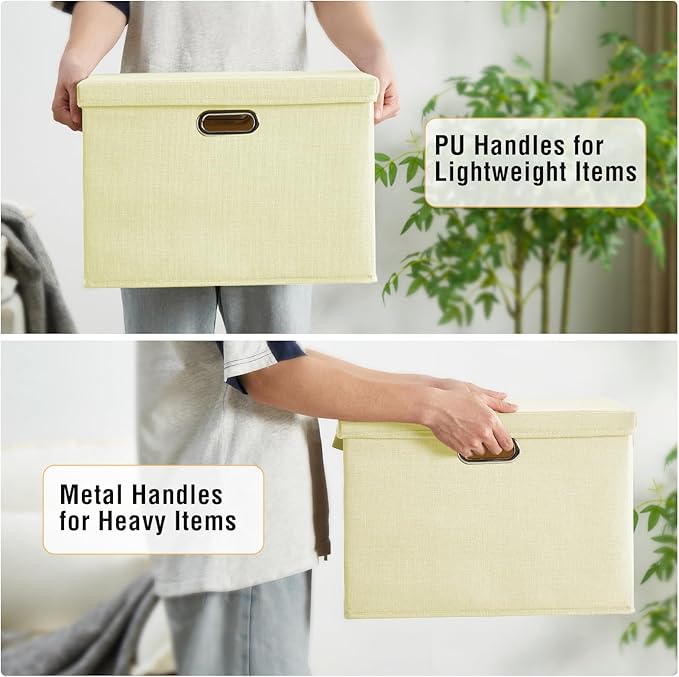 17" Large Collapsible Storage Bins with Lids, Stackable Closet Organizers with PU Handle and Labels, 3-Pack Decorative Fabric Storage Boxes for Home, Bedroom, Closet, Office, Nursery(Beige)