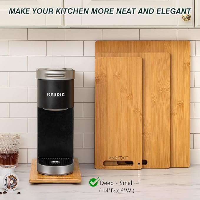 Bamboo Appliance Slider, Sliding Tray for Coffee Maker, Kitchen Countertop Appliance Rolling Tray, Coffee Pot Slider Tray with Rubber Wheels, Deep - Small (14"D x 6"W)