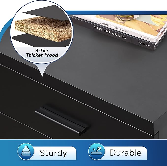 DEVAISE 3 Drawer File Cabinet for Home Office, Wood Under Desk Filing Cabinet, Rolling Printer Stand with Wheels, Black