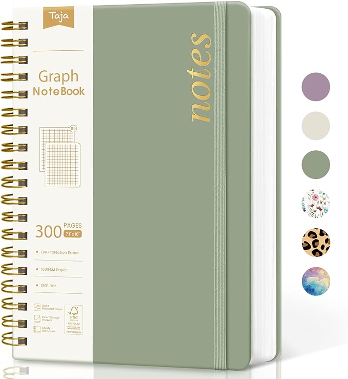 Spiral Graph Paper Notebook Journal for Work, 300 Pages, Thick B5 (7.1"x10") Grid Journals for Women & Writing, Hardcover Notebook for Note Taking, Perfect for Work School Note Taking Business, Green