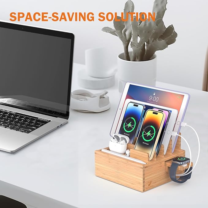 Pezin & Hulin Desktop USB Charging Station with Bamboo Charging Station, Desktop Charger Block, Compatible with Tablet, Cell Phone, Earbuds, Smartwatch