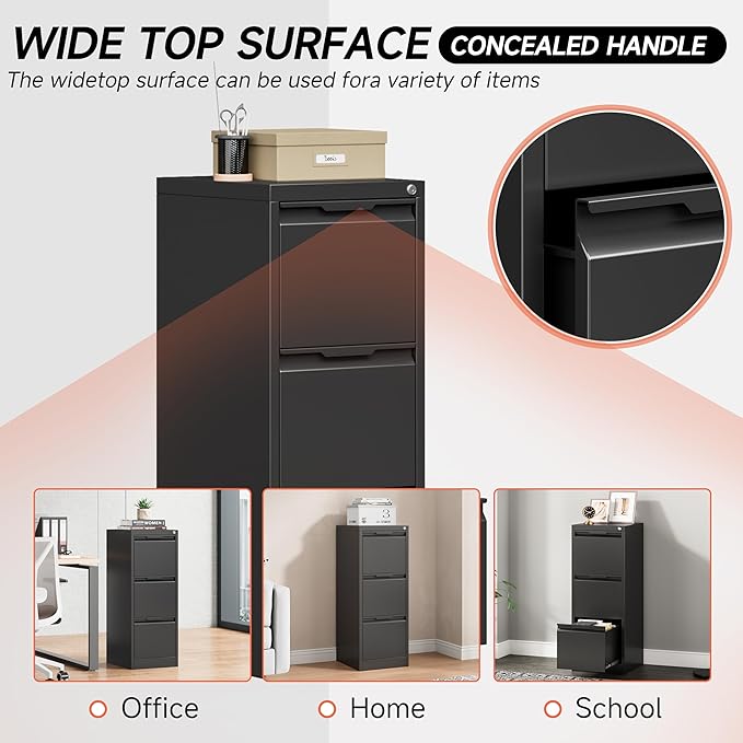 3 Drawer File Cabinet with Lock,Vertical Filing Cabinets for Home Office,Heavy Duty Metal File Cabinet for Hanging A4/Letter/Legal Size File,Vertical File Cabinet 15" W X 17.8" D X 38.3" H-Black