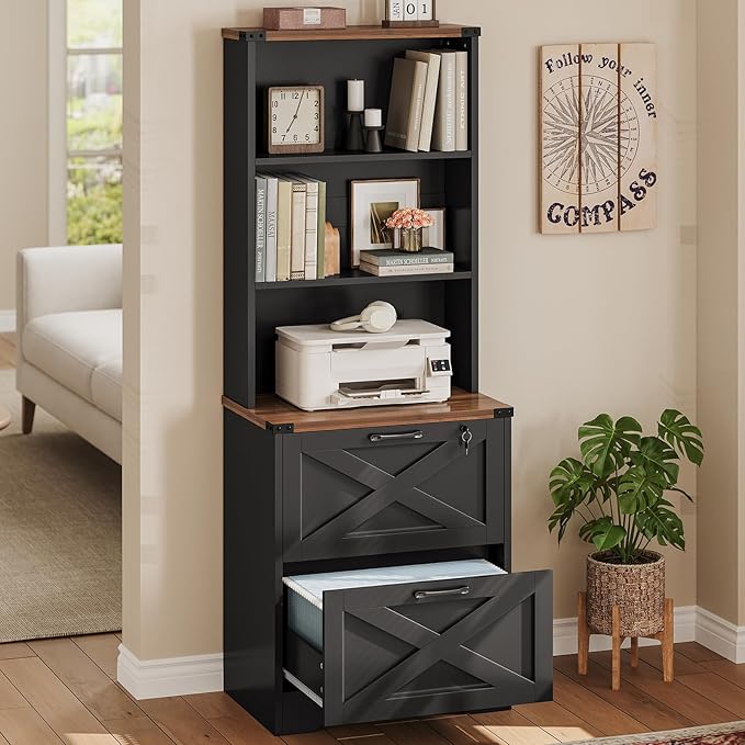 SEDETA 2 Drawer File Cabinet with Lock, Wood Filing Cabinet fits Letter, Legal, A4 Size, Hanging File Folders, Farmhouse File Cabinets for Home Office with Adjustable Storage Shelf (Black)