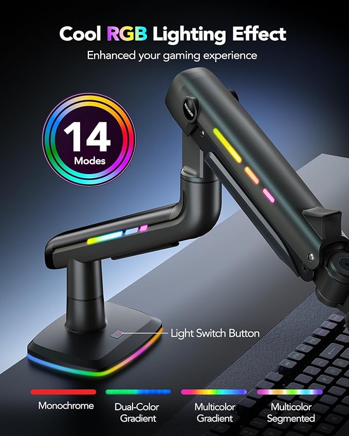 HUANUO RGB Monitor Arm for Ultrawide Screens up to 57″, Heavy-Duty Single Mount Holds 44 lbs, Fully Adjustable Gaming Monitor Arm with C-Clamp & Grommet Base, Max VESA 100 x 100mm