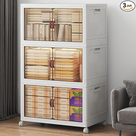 360Qt Stackable Storage Bins with Lids, 3 Pack Large Collapsible Bins with Wheels, Plastic Cabinet with Doors, Foldable Closet Organizers and Storage for Home, Dorm, Office, White