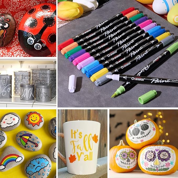 Overseas White and Black Acrylic Paint Markers, 2 Dual Tip Paint Pens Acrylic Markers with Dot and Brush Tip, Coloring Marker for Wood, Rock, Canvas, Glass, Metal, Plastic, Fabric, School Supplies