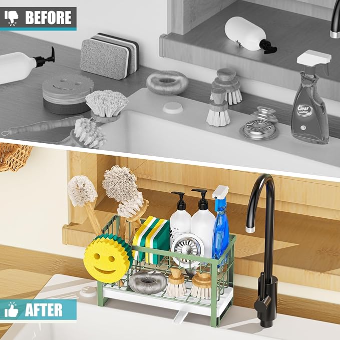 Sponge Holder for Kitchen Sink with Flexible Sponge Holder Smiley Face,2 Tier Kitchen Sink Organizer Countertop and Storage Essentials,Soap Dispenser Organize,Home Decor Accessories-Green