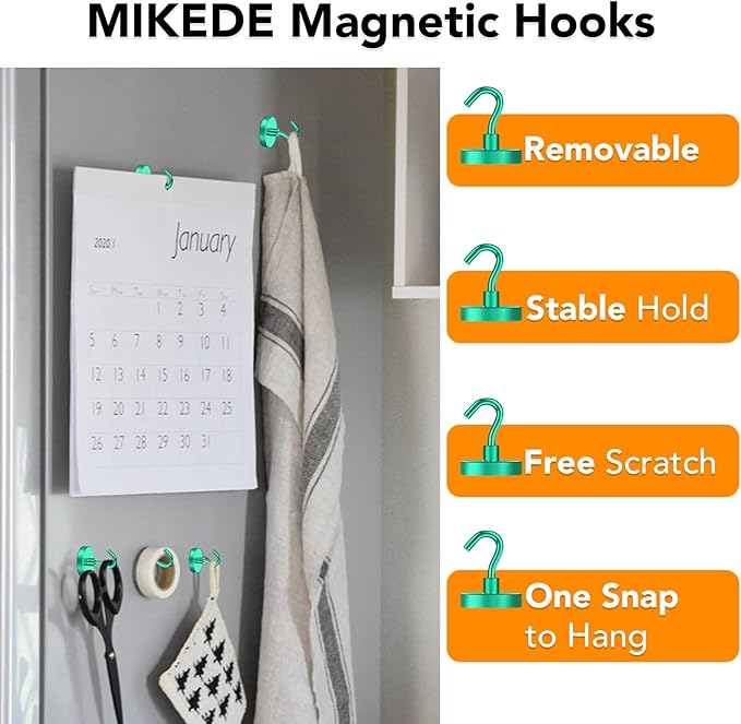 MIKEDE Magnetic Hooks Heavy Duty, 170LB Strong Magnet with Hook for Fridge, Super Neodymium Extra Strength Industrial Hooks for Toolbox, Cruise, Grill(Green,10 Pack)