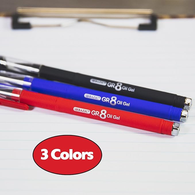 BAZIC Oil Gel Ink Pen, GR8 Assorted Colors w/Rubberized Barrel, 0.7 mm Medium Point Smooth Writing (3/Pack), 144-Packs