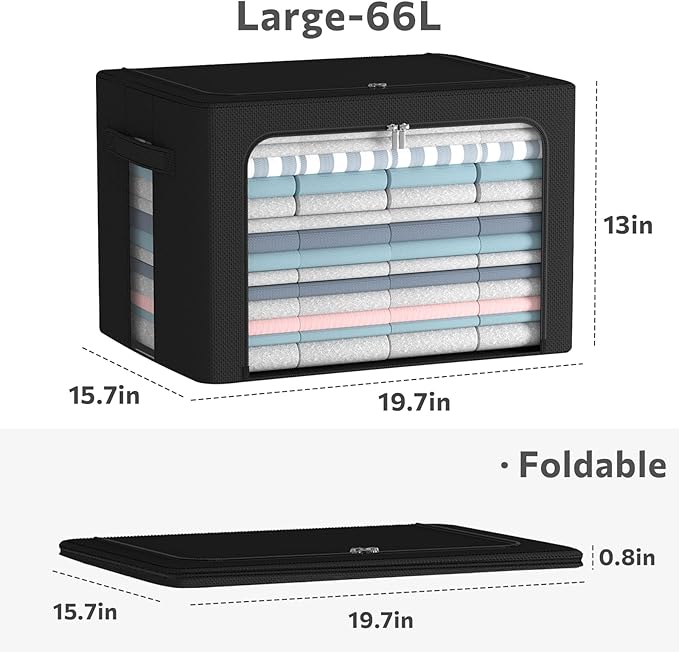 CYhom Clothes Storage Bins Box - Linen Fabric Foldable Stackable Container Organizer Set with Clear Window & Carry Handles & Metal Frame (Black, Large-66L)