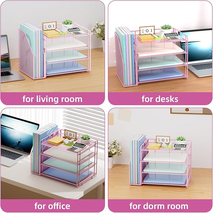 Marbrasse Desk Organizer and Accessories，4-Tier Paper Letter Tray Organizer with File Holder，Desk Accessories & Workspace Desktop Organizers for School Home Office Supplies (Pink)