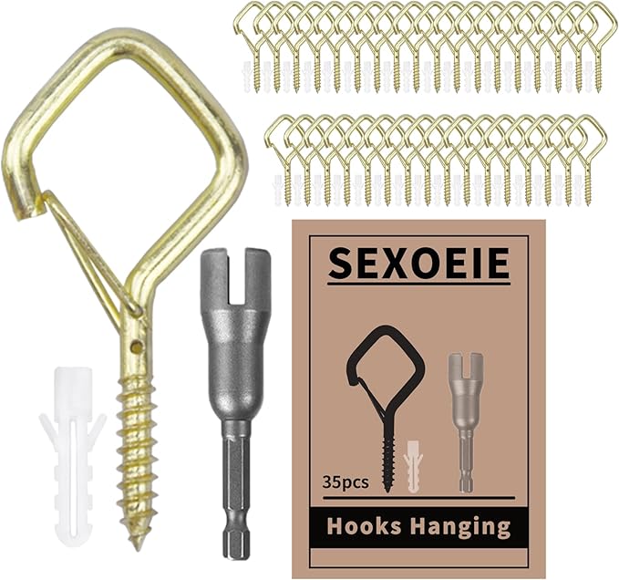 35PCS Eye Screw Hooks for Hanging Heavy Duty with Safety Buckle.Metal Ceiling Hooks for Hanging Plants,Cup,Wind Chime,Bird Feeders,String Lights at Indoor&Outdoor,2.36 Inches Gold