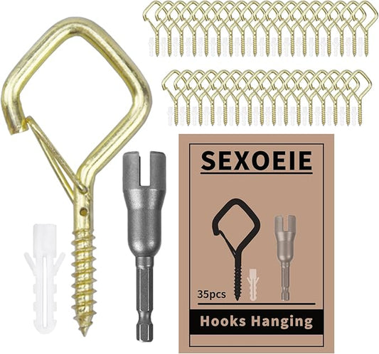 35PCS Eye Screw Hooks for Hanging Heavy Duty with Safety Buckle.Metal Ceiling Hooks for Hanging Plants,Cup,Wind Chime,Bird Feeders,String Lights at Indoor&Outdoor,2.36 Inches Gold