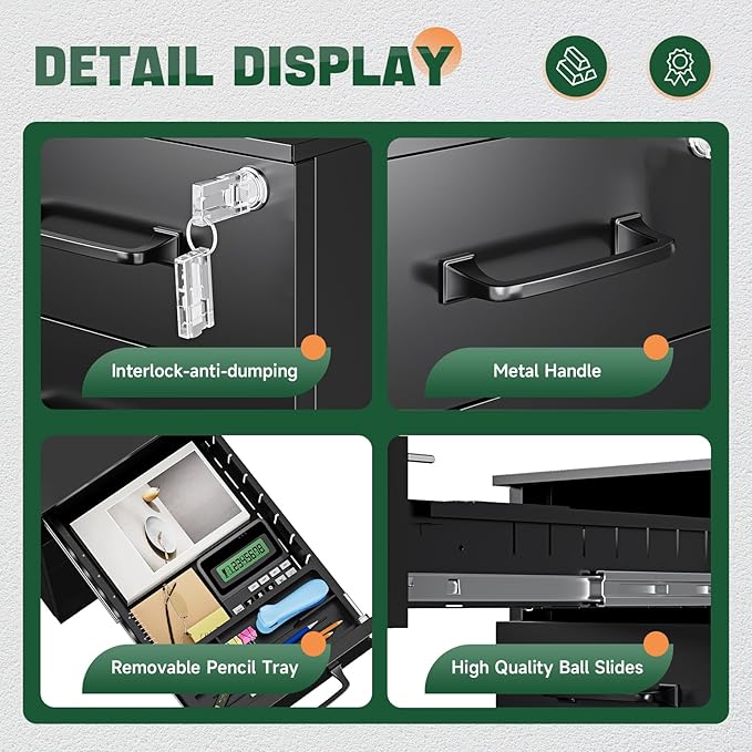 Letaya 3 Drawer Mobile File Cabinet with Lock,Under Desk Metal Filing Cabinets for Home Office Organizer,Small Rolling Printer Stand with Wheels,for Letters/Legal/A4(Assembly Required) (Black)