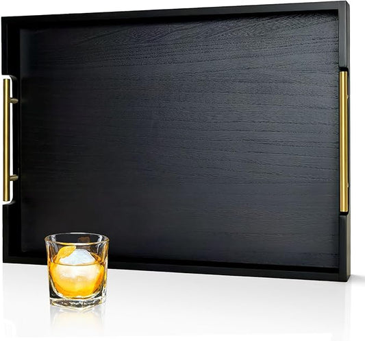 22 Inch Rectangle Black Ottoman Tray with Gold Metal Handles, Extra Large Wooden Serving Tray for Living Room, Coffee Table, Kitchen & Hosting