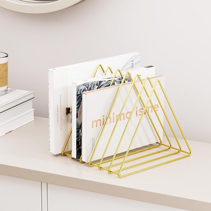 Urban Deco Triangle Desk Organizers Metal Wire Magazine Holder 7 Sections Decorative File Folder Organizer Vinyl Record Storage Office For Desk - Gold Magazine File Holder - Pack of 2