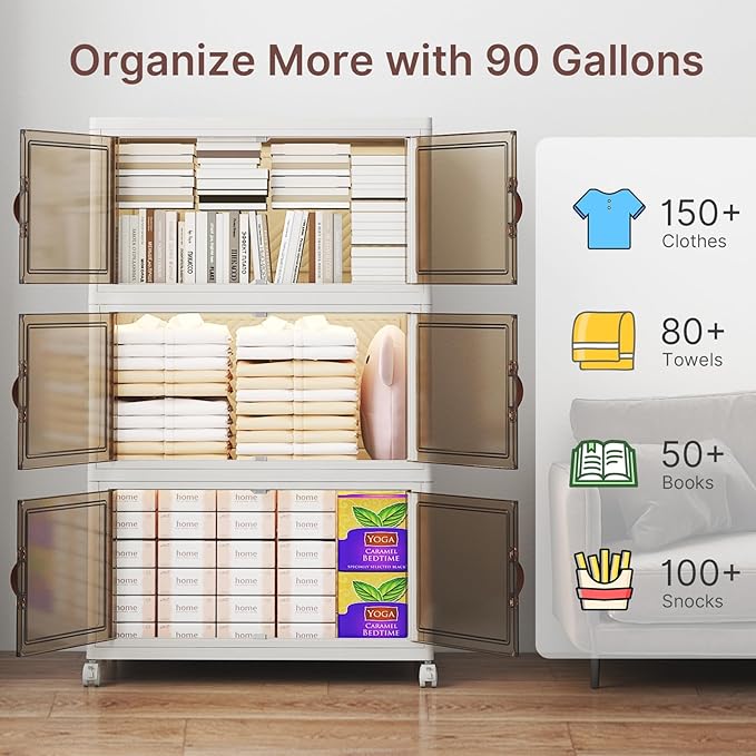 480Qt Stackable Storage Bins with Lids, 4 Pack Large Collapsible Bins with Wheels, Plastic Cabinet with Doors, Foldable Closet Organizers and Storage for Home, Dorm, Office, White