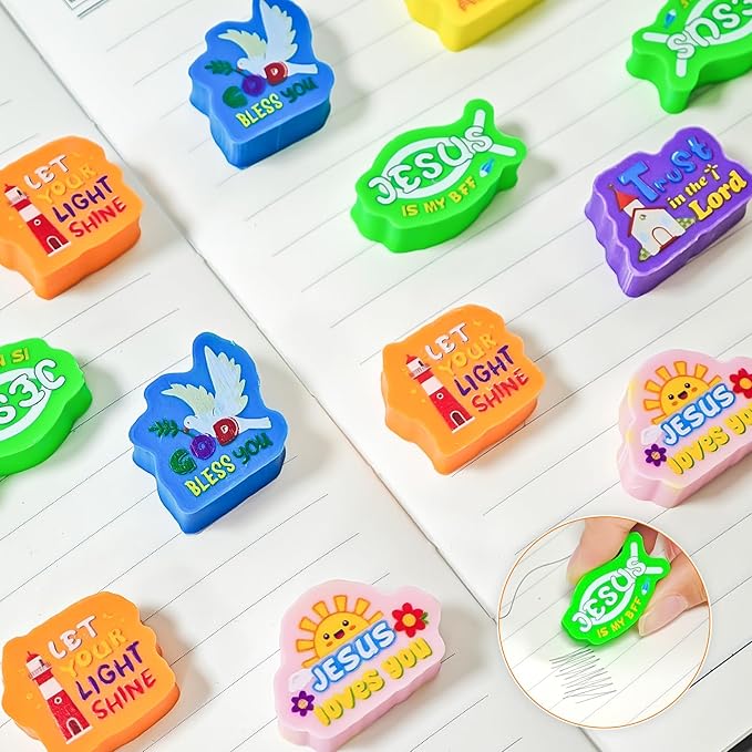 Cinrobiye 100 PCS Bible Verses Pencil Erasers Bulk Inspirational Scripture Eraser Christian Religious Favor Goody Bag Filler Gifts for Students Classroom Office Teacher Prizes Reward School Supplies