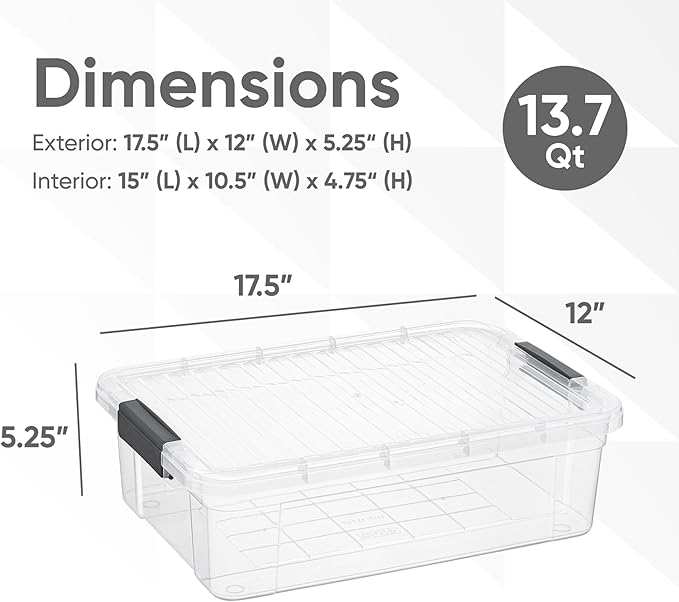 Superio Clear Storage Box with Lid, 13.7 Quart Plastic Container Bins for Organizing, Stackable Crates, BPA Free, Non Toxic, Odor Free, Organizers for Home, Office, School, and Dorm