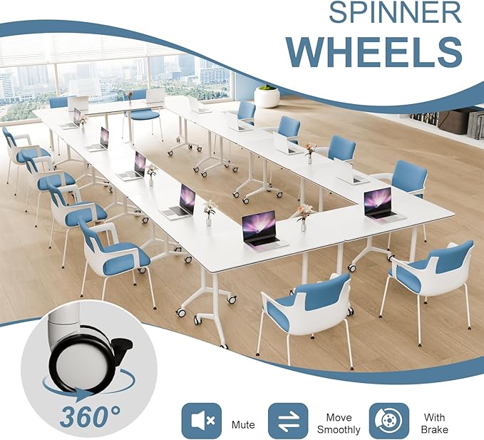 2Pack Folding Conference Room Table, Modern Conference Tables with Silent Wheels, Large Rectangular Mobile Training Tables for Office Classroom, Foldable Modular Seminar Table White (L63in)