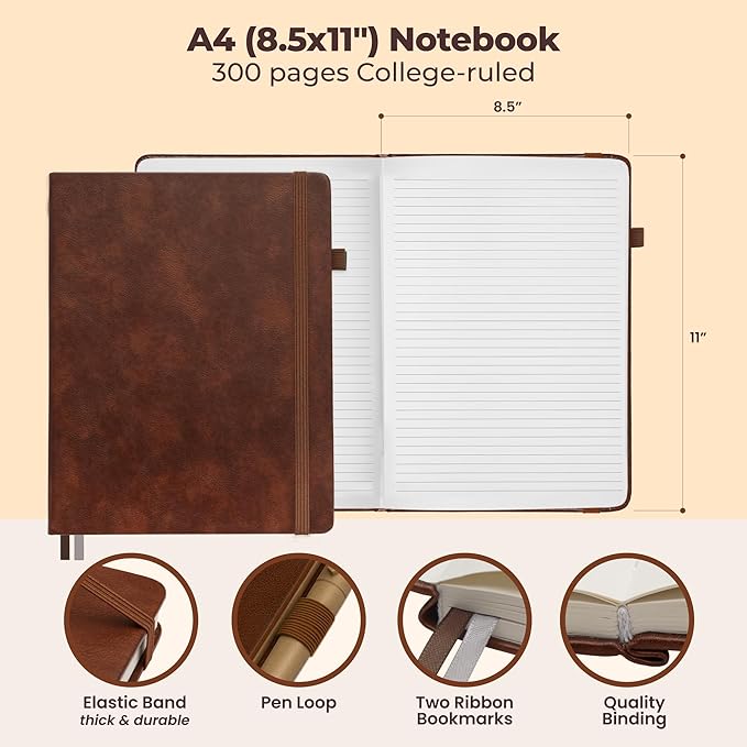 Lined Leather Bound Journal Notebook, A5 Hardcover - Brown 5.8x8.3" - Thick 300 Pages College Ruled Paper Journals for Men and Women - Personal and Professional Note Book for Writing & Journaling
