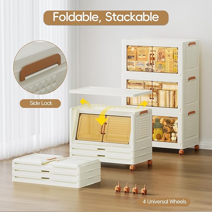 JEKO&JEKO 648 Qt Plastic Storage Bins with Lids, Doors & Wheels, 6 Pack Extra Large Stackable Collapsible Storage Cabinets and Closet Organizers for Home Office, Cream