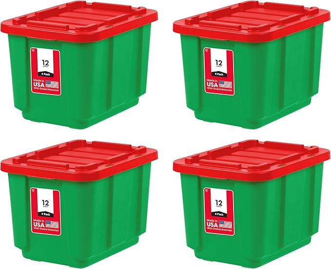 IRIS USA 12 Gallon Heavy Duty Holiday Storage Bins with Lids, 4 Pack - Made in USA, Tough Snap On Lockable Lid Stackable Industrial Rugged Tubs, Garage Organization, Reusable Box - Green/Red
