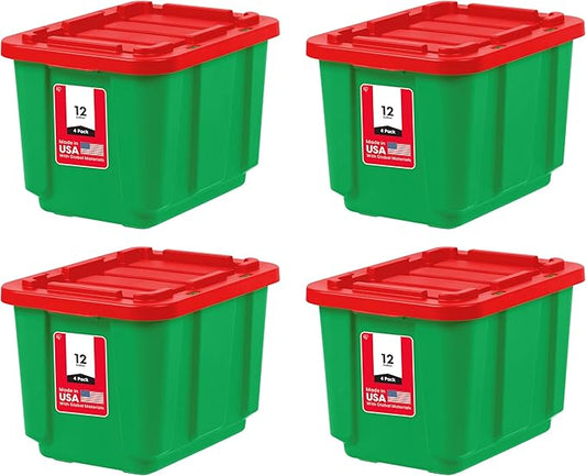 IRIS USA 12 Gallon Heavy Duty Holiday Storage Bins with Lids, 4 Pack - Made in USA, Tough Snap On Lockable Lid Stackable Industrial Rugged Tubs, Garage Organization, Reusable Box - Green/Red