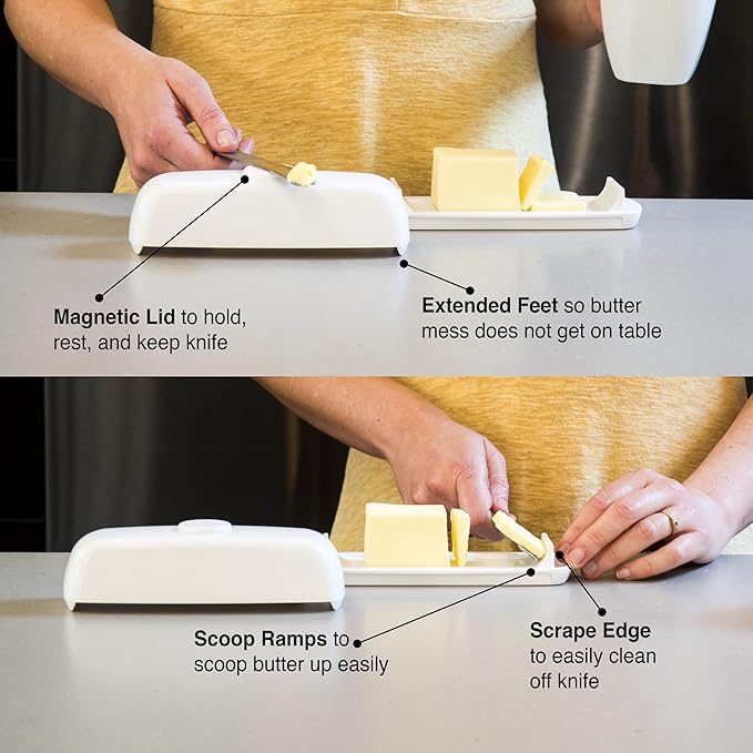 Butter Hub Extra Large Butter Dish with Lid and Knife, European Size Magnetic Butter Keeper, Easy Scoop, No Mess Lid, Plastic, Dishwasher Safe (Grey),European / 2 Sticks