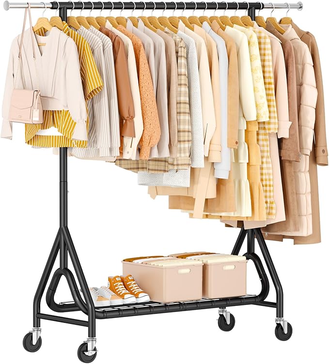 Heavy Duty Clothes Rack, Metal Clothing Rack Load 450 LBS, Rolling Coat Racks for Hanging Clothes with Lockable Wheels, Wardrobe Closet Garment Racks for Bedroom, Black