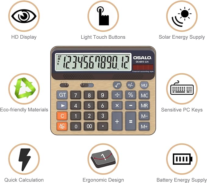 Desktop Calculator Extra Large 5-Inch LCD Display 12-Digit Big Number Accounting Calculator with Giant Response Button, Battery & Solar Powered, Perfect for Office Business Home Daily Use(OS-6815GN)