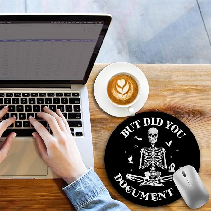 Funny Skull Skeleton Mouse Pad, Small Round Mouse Pads for Desk, Mini Travel Mousepad for Work Wireless Computer Laptop, Office Desk Accessories, But Did You Document It, 8.6 x 8.6 inch