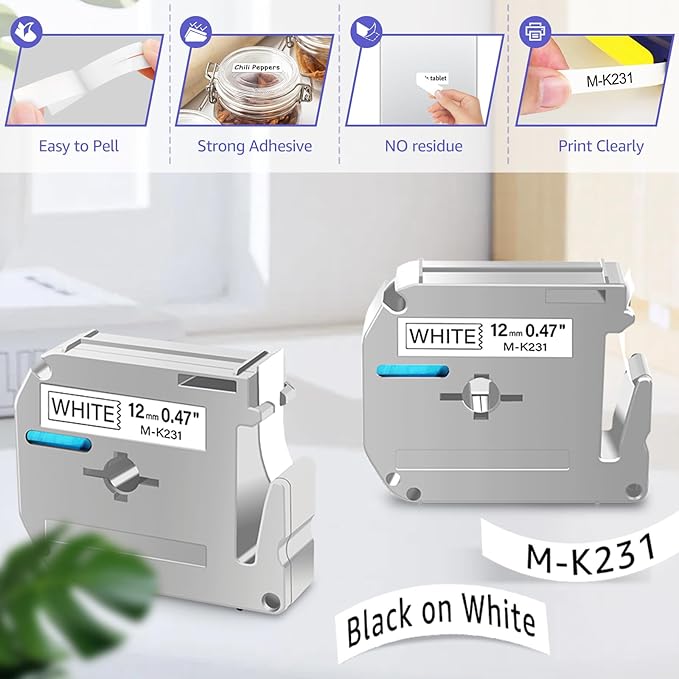 NineLeaf 4 Pack Compatible for Brother P-Touch M Tape M-K231 M-K231S MK231 M231 12mm 0.47'' Black on White Label Tape for PT-70BBVP PT-70BMH PT-70HK PT-70HOL PT-70HOT Label Maker