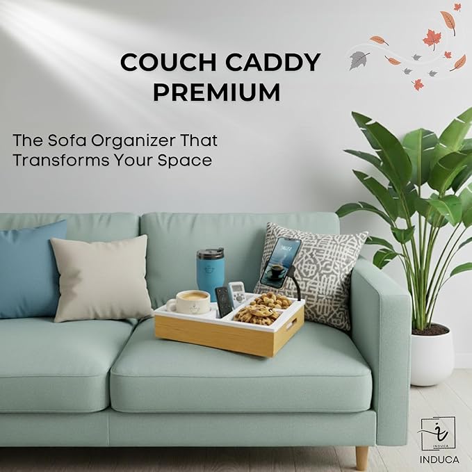 Couch Caddy with Cup Holder | Bamboo Couch Cup Holder Tray for Drinks, Snacks & Remotes | Couch Tray for Bed, Car Seat & Beach Organizer (White)