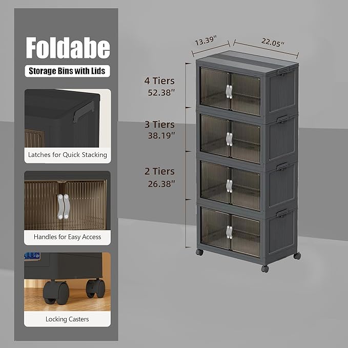 Stackable Storage Bins with Lid & Wheel, Folding Storage Cabinet with Door, Large Foldable Containers Plastic Collapsible Storage Boxes for Home, Pantry, Office (M, Gray 4-Tier)