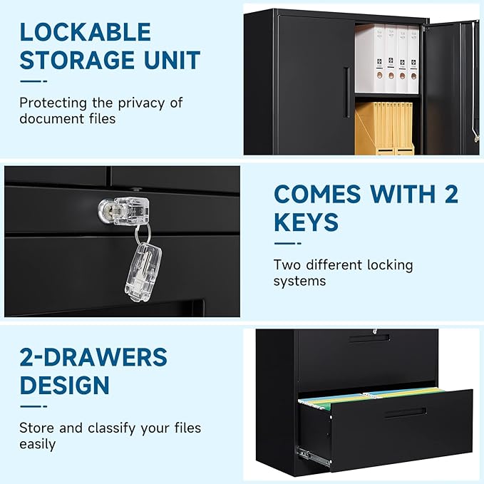 Metal File Cabinet with Drawer, Lockable Vertical Lateral Filing Storage Cabinet, File Cabinet with Storage Cabinet for Home Office, Legal/Letter/A4 Size Steel File Storage Cabinets, Black