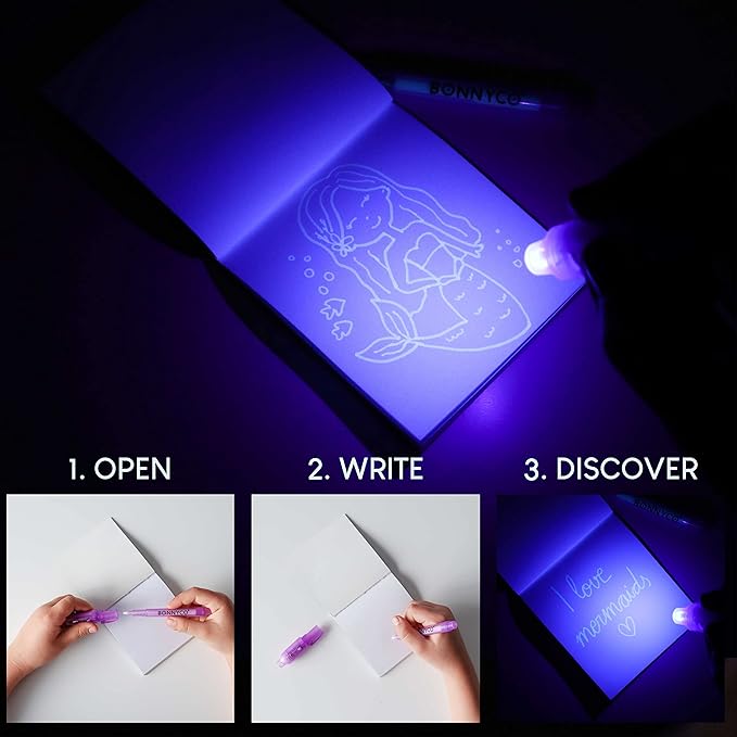BONNYCO Invisible Ink Pen and Notebook Pack 16 Mermaid Party Favors for Kids, Magic Spy Pen Goodie Bags Stuffers for Kids, Mermaid Party Supplies, Goody Bag Stuffers | Return Gifts Birthday Prizes