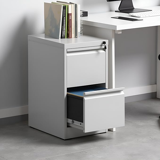 2 Drawer File Cabinet with Lock, Vertical Metal Filing Cabinet Under Desk Storage Cabinet, Legal Letter File Cabinets for Home Office, Easy Assemble (White)