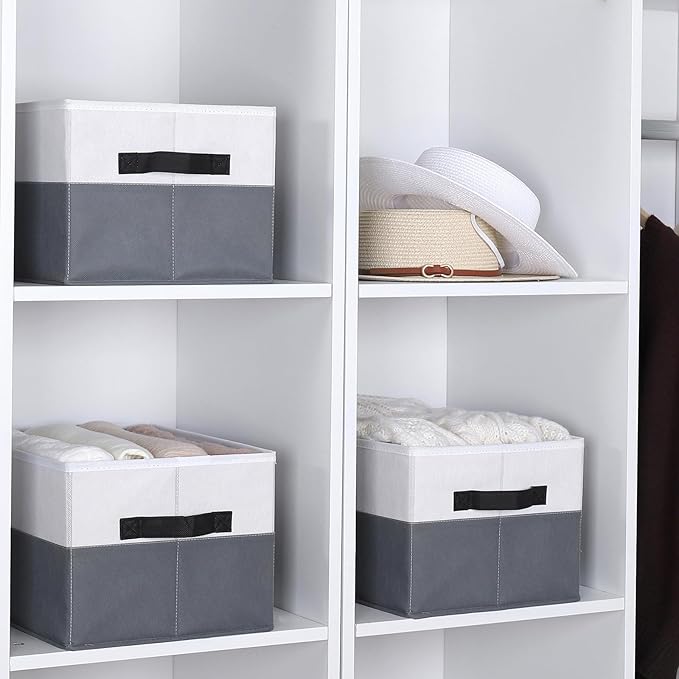 WUIKE Storage Baskets for Shelves, Fabric Closet Storage Bins with Handles, Foldable Clothes Organizer Bins for Bedroom, Nusery, Gray & White, Large, 3-Pack