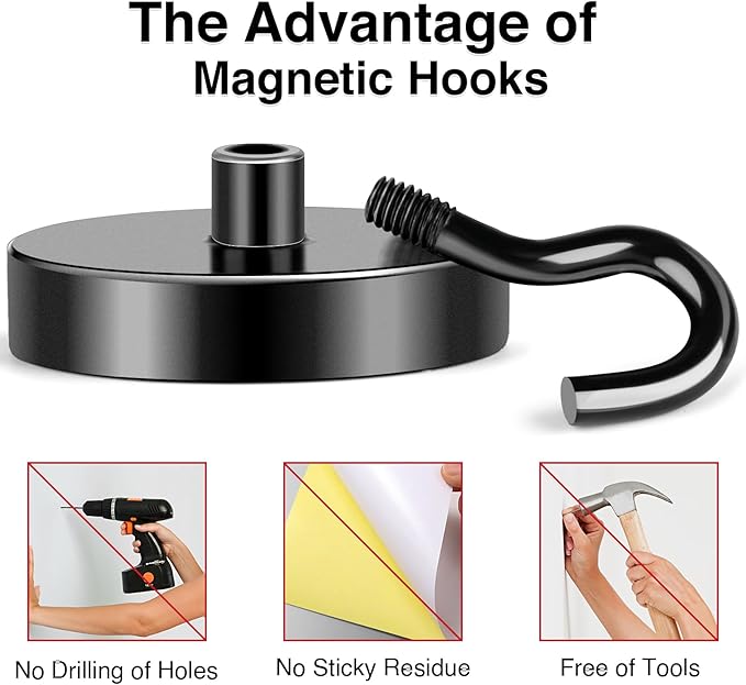 MIKEDE Black Magnetic Hooks Heavy Duty, 170LB+ Strong Neodymium Magnets for Refrigerator, Magnetic Hooks with Epoxy Coating for Hanging, Magnets with Hooks for Cruise, Home, Workplace - 10 Pack