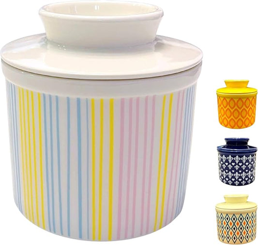 Butter Crock with Lid for Countertop, Butter Keeper Crock with Water, French Butter Dish Ceramic, Butter Holder with Lid for Spreadable Butter, Butter Container for Counter (Pastel Stripes, white)