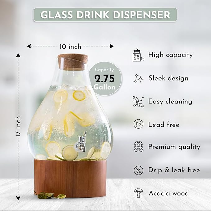 Classic Home Teardrop Clear Glass Ice Cold Beverage Drink Dispenser- 2.75 Gallon, With Cork Lid & Modern Wood Base Leak Proof Spigot- Wide Mouth Easy Filling For Outdoor, Parties & Daily Use