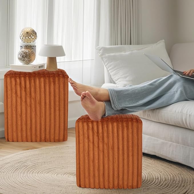 Modern Square Ottoman 2Pcs, Vertical Channel Tufted Foot Stool Ottoman, Velvet Upholstered Vanity Stool for Makeup, Bedroom, Living Room, Dark Orange