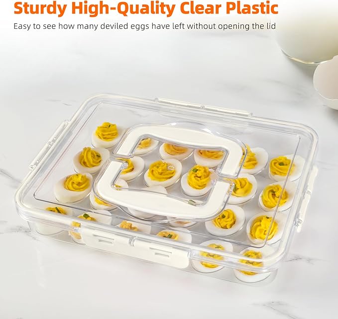2 Pack Deviled Egg Containers with Lid and Handle, Durable Clear Plastic Deviled Egg Carrier Storage 48 Eggs, Stackable Egg Holder for Fridge, Portable Tray Platter for Party & Picnics-White