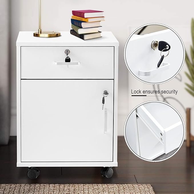 File Cabinet with Lock and Drawer, Mobile Under Desk Storage Cabinet with 360° Swivel Wheels, Wooden Filing Cabinet File Organizer for Legal/Letter/A4 Documents, Home Office Filing Cart (White)