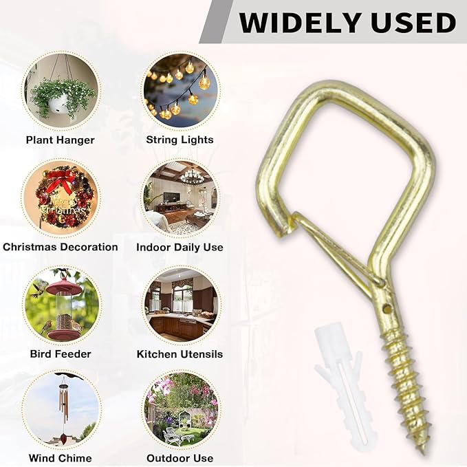 50 PCS Gold Eye Screw Hooks for Hanging Heavy Duty with Safety Buckle.Metal Ceiling Hooks for Hanging Plants Cup Wind Chime Bird Feeders Patio Lights at Indoor&Outdoor