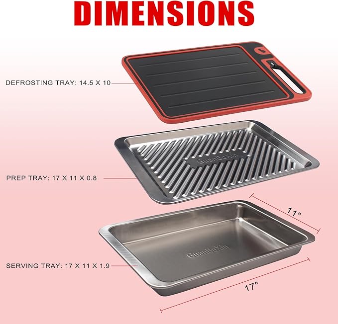 Prep and Serve Sets of 3PCS - Stainless Steel Container for Marinades, Stainless Steel Serving Tray, 2-in-1 Aluminum Defrosting Tray with Plastic Cutting Board, The BBQ Food Prep Grill Set