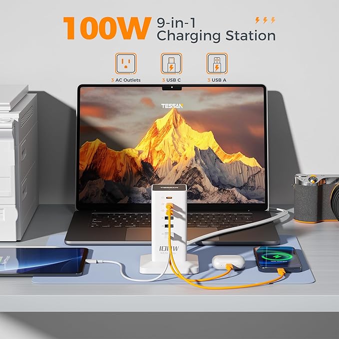 Charging Station PD 100W, TESSAN 9-in-1 USB C Power Strip for iPhone 17/16, MacBook, Tablet, Desktop Phone Fast Charger with 3 AC, 3 USB-A Ports, Home Drom Office Accessories, White